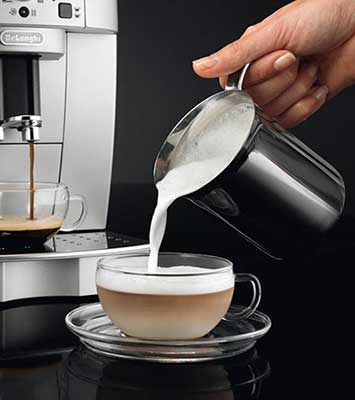 DeLonghi Magnifica ECAM22110sb's milk frothing wand and container 