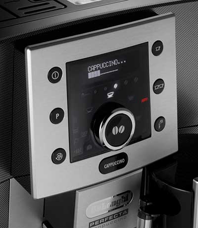 An image of the LCD screen control panel of Delonghi Perfecta 5500