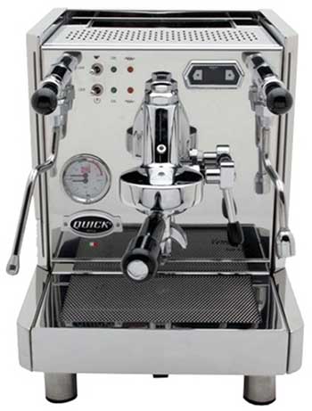 Front view image of Quickmill Vetrano showing its control system, steam wand and coffee spigot