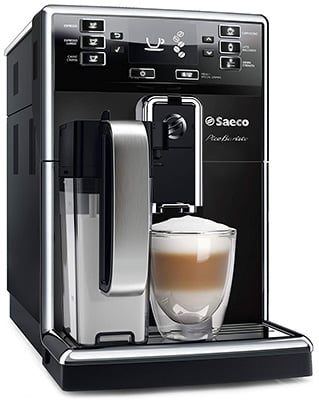 Piano black Saeco Picobaristo HD8927 with a glass filled with coffee under its spigot