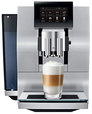 Telescoping coffee spigot below the touchscreen display of Jura Z8 Automatic Coffee Machine