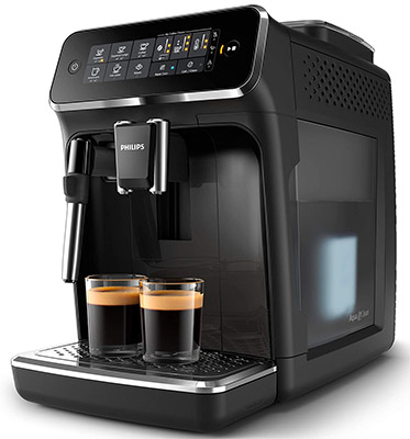 Philips 3200 coffee machine with its water reservoir at the back right side and two glasses filled with coffee under its spigot