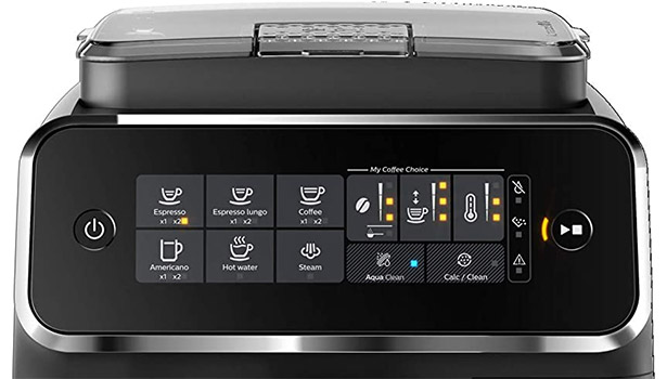 Control System and drink options on the LCD touchscreen display of the Philips 3200 Lattego Superautomatic Espresso Machine