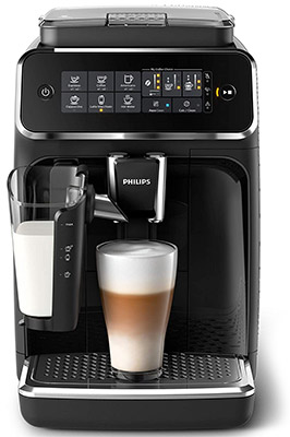 A glass filled with milk attached to the milk frother and a glass filled with coffee under the spigot of Philips 3200 Series LatteGo