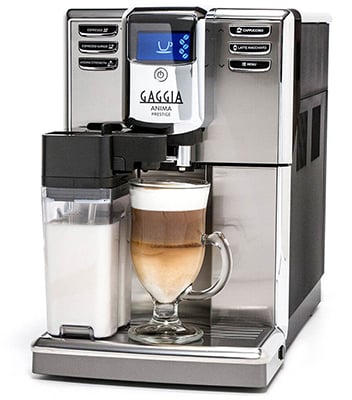 Gaggia Anima Bean-to-Cup Coffee Machine with a cup of coffee under its spout and carafe filled with milk