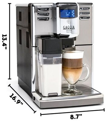 Gaggia Anima Espresso Machine with a label of its dimensions