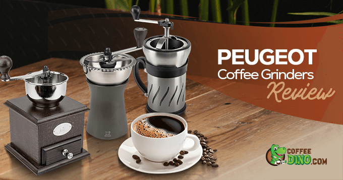 Three different Peugeot grinders and a cup of coffee